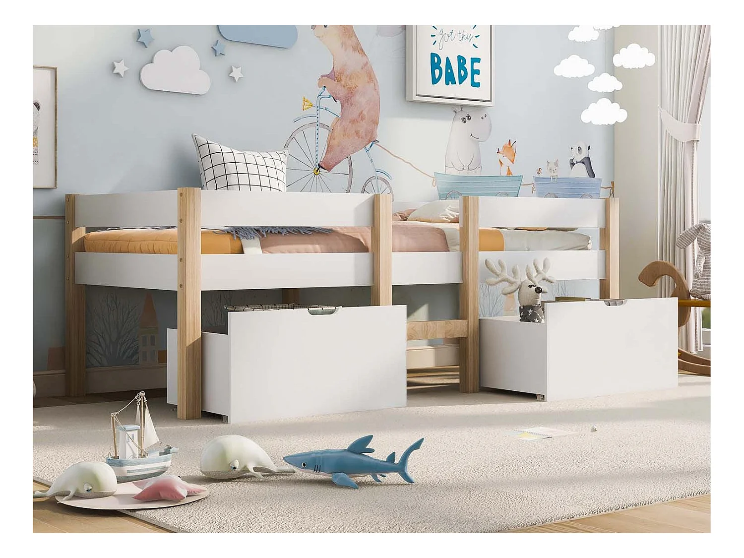 Lit mezzanine en pin massif avec tiroirs - 90x190 cm - Blanc