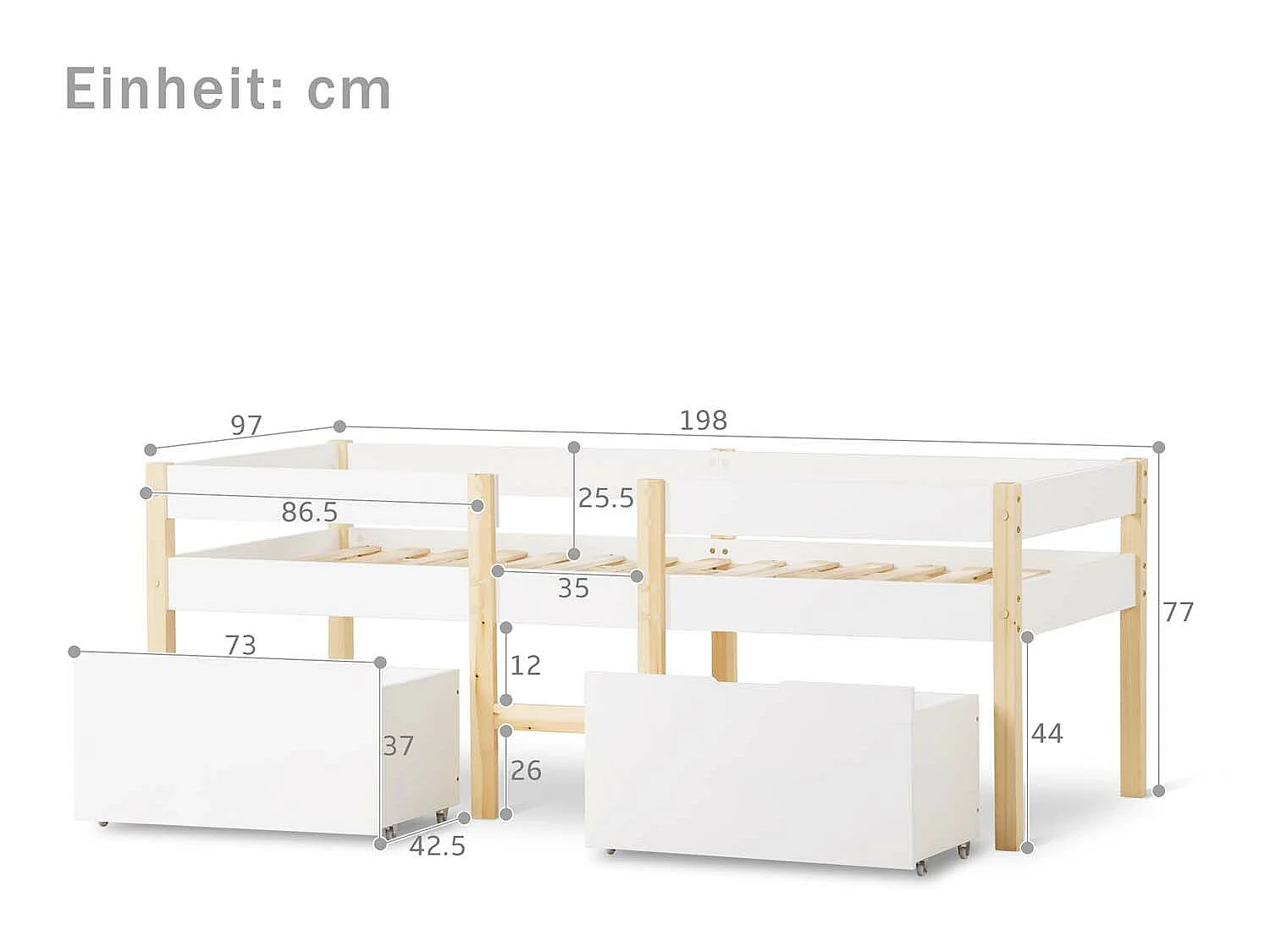 Hochbett aus massivem Kiefernholz mit Schubladen – 90 x 190 cm – Weiß