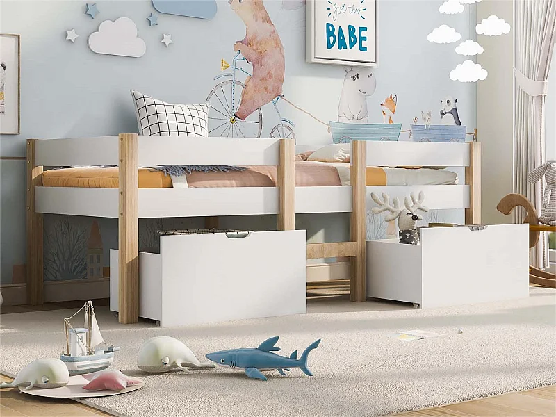 Mezzaninebed van massief grenen met lades - 90x190 cm - Wit