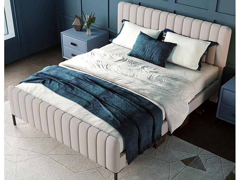 Lit adulte rembourré en tissu lin - 140x200 cm - avec tête de lit réglable et sommier à lattes - Gris clair