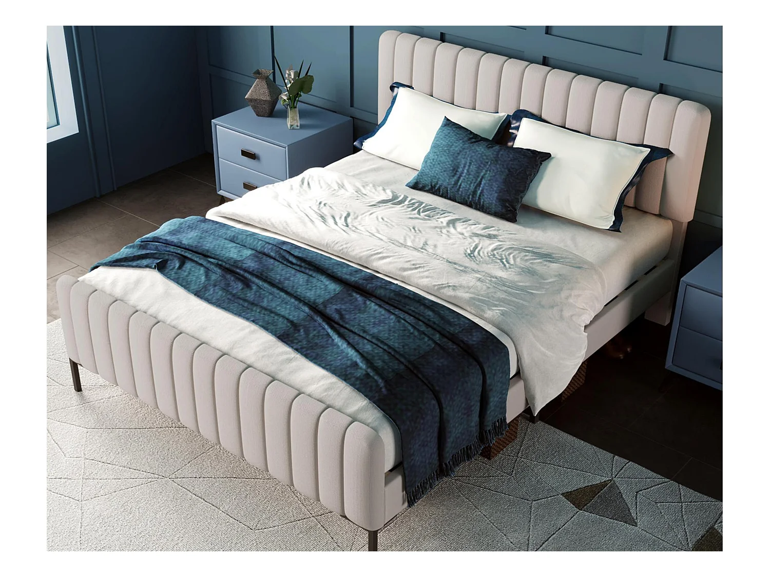 Lit adulte rembourré en tissu lin - 140x200 cm - avec tête de lit réglable et sommier à lattes - Gris clair