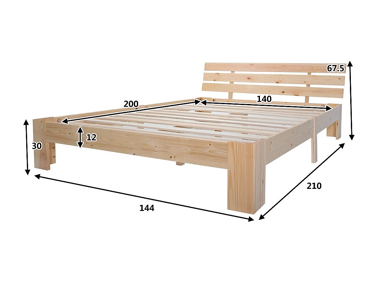 Bett für Erwachsene mit Lattenrost – 140x200 cm – Massivholz – Natur