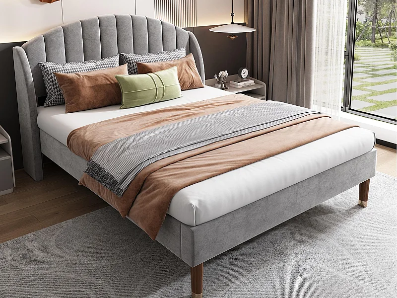 Polsterbett, Einzelbett Massivholzbett Kiefer 140x200cm Samt – Grau