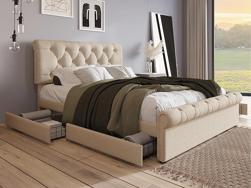 Cama tapizada en tela de lino - 140x200cm - con 2 cajones - cabecero regulable - Natural claro