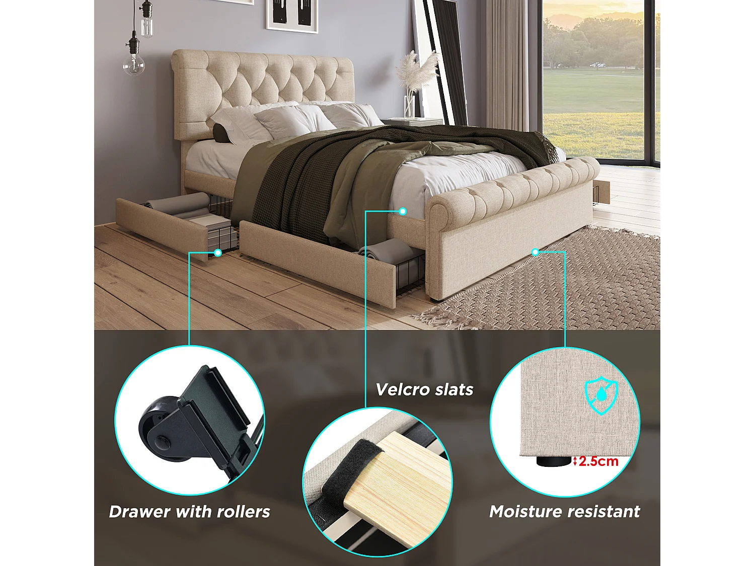 Gestoffeerd bed in linnenstof - 140x200cm - met 2 lades - verstelbaar hoofdeinde - Licht naturel