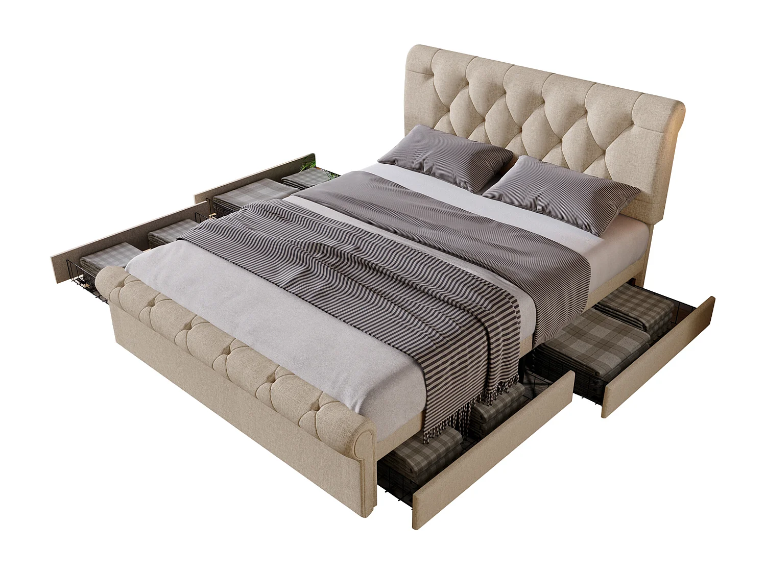 Gestoffeerd bed in linnenstof - 140x200cm - met 2 lades - verstelbaar hoofdeinde - Licht naturel