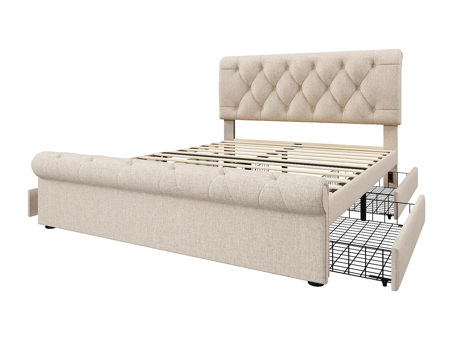 Gestoffeerd bed in linnenstof - 140x200cm - met 2 lades - verstelbaar hoofdeinde - Licht naturel