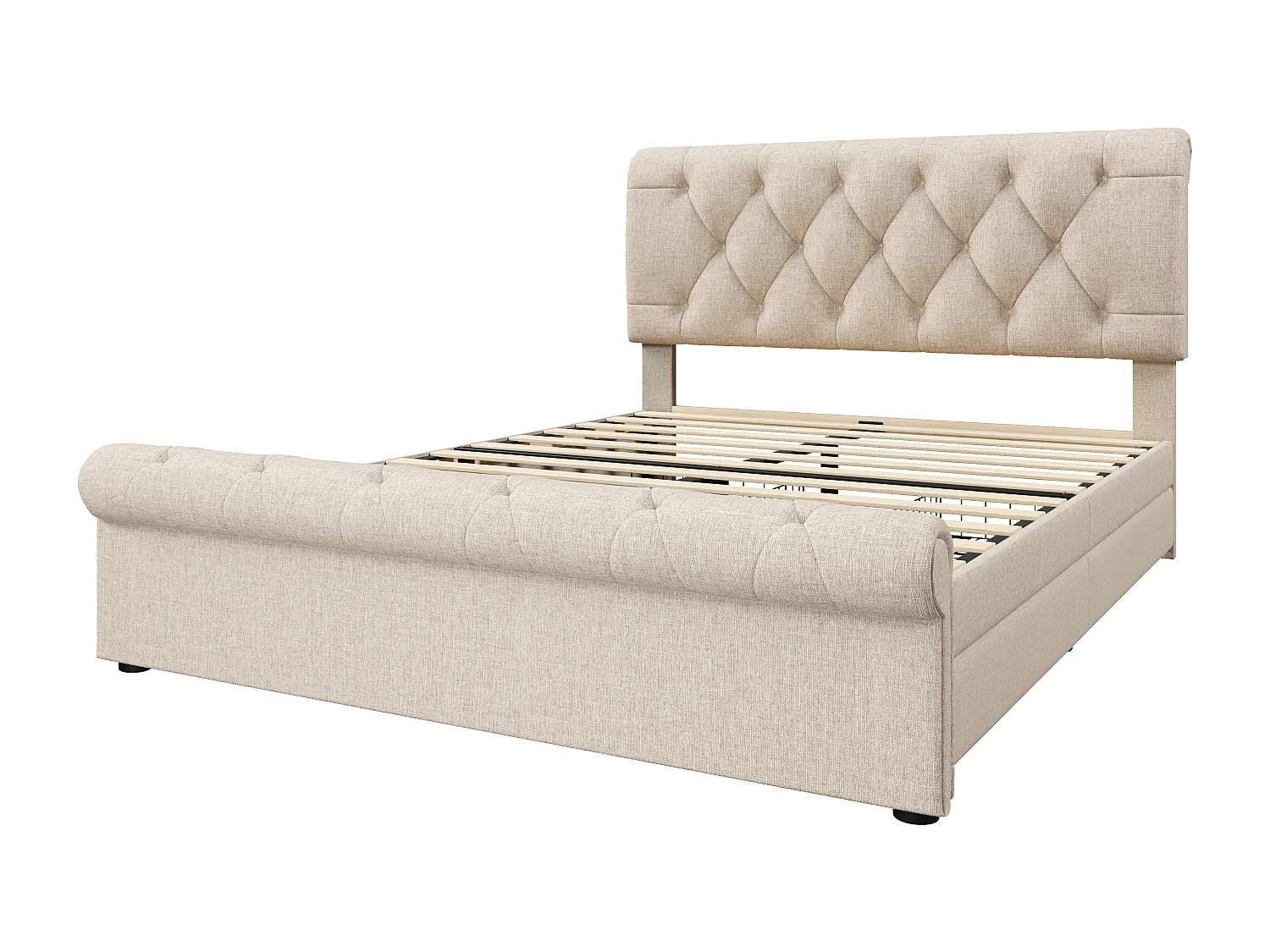 Cama tapizada en tela de lino - 140x200cm - con 2 cajones - cabecero regulable - Natural claro