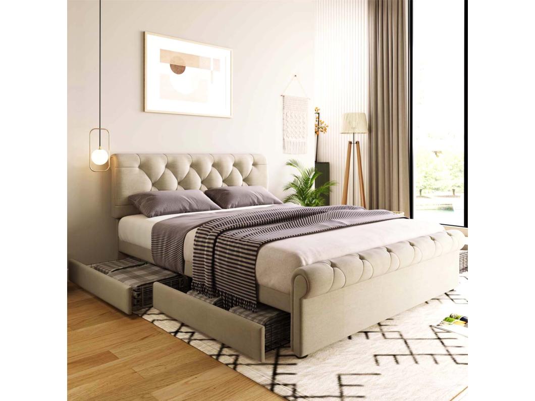 Gestoffeerd bed in linnenstof - 140x200cm - met 2 lades - verstelbaar hoofdeinde - Licht naturel