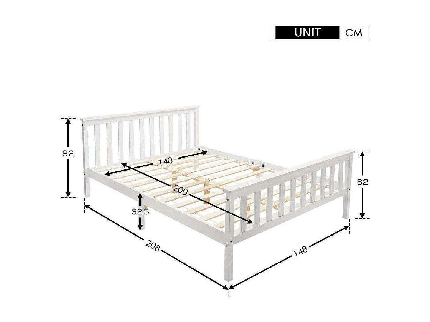Erwachsenenbett 140 x 200 cm aus Massivholz mit Lattenrost – Weiß