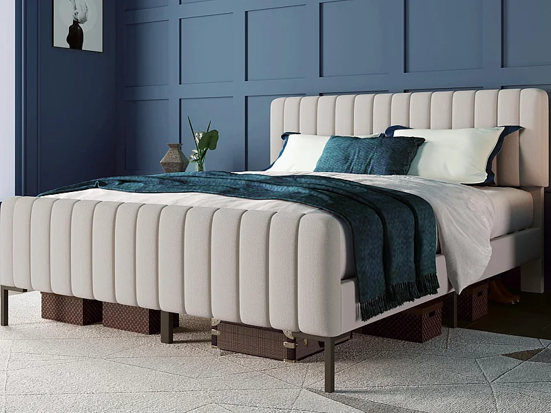 Gepolstertes Erwachsenenbett aus Leinenstoff – 180 x 200 cm – mit verstellbarem Kopfteil und Lattenrost – Hellgrau