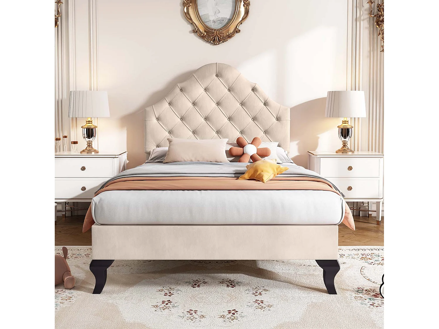 Lit rembourré 90x200cm en velours avec tête de lit réglable + sommier à lattes - Beige