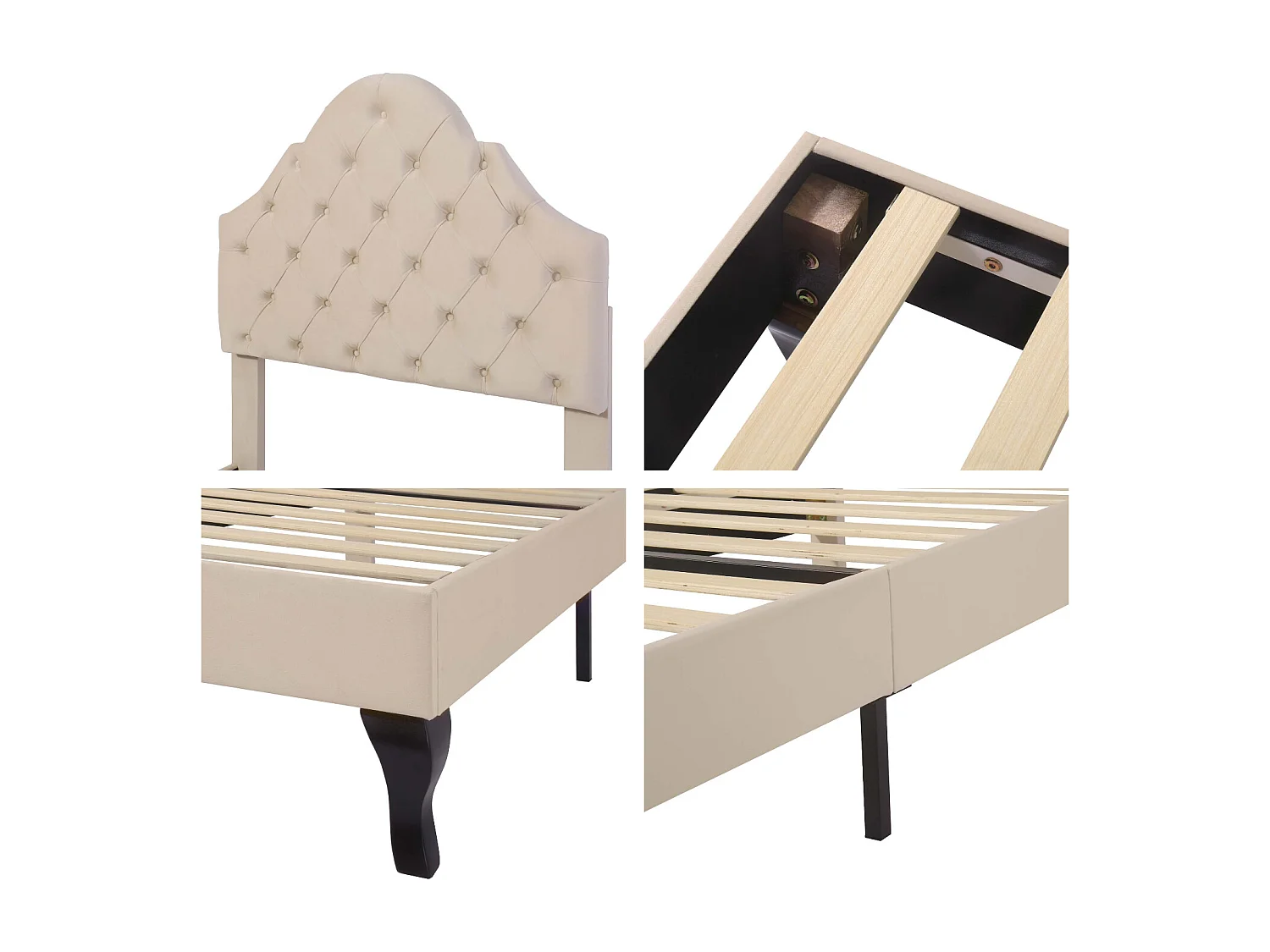 Lit rembourré 90x200cm en velours avec tête de lit réglable + sommier à lattes - Beige