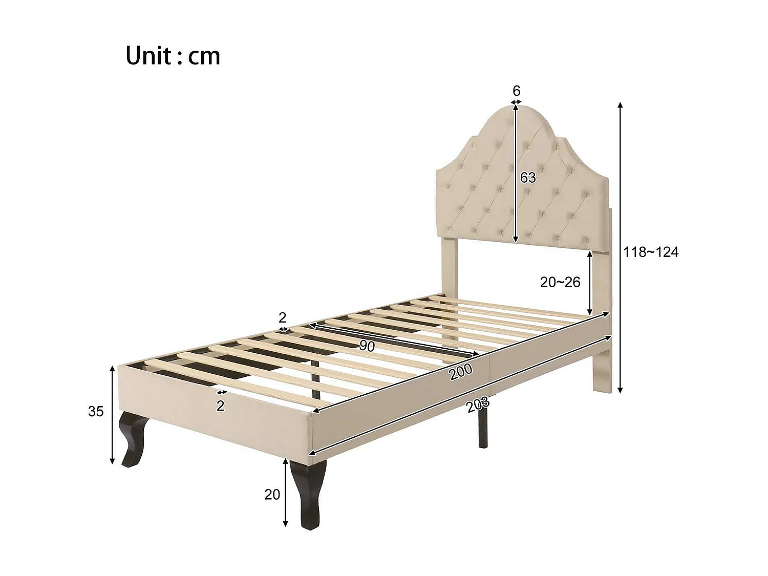 Lit rembourré 90x200cm en velours avec tête de lit réglable + sommier à lattes - Beige