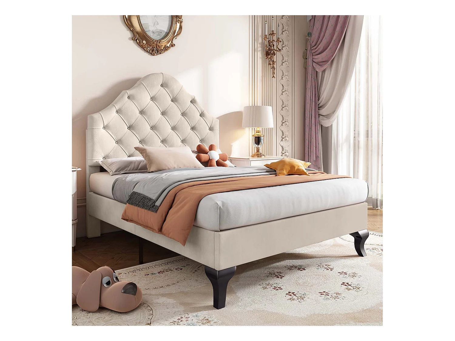 Lit rembourré 90x200cm en velours avec tête de lit réglable + sommier à lattes - Beige
