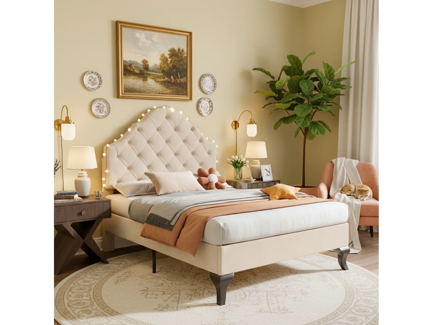 Gestoffeerd bed 90x200cm in fluweel met verstelbaar hoofdeinde + lattenbodem - Beige