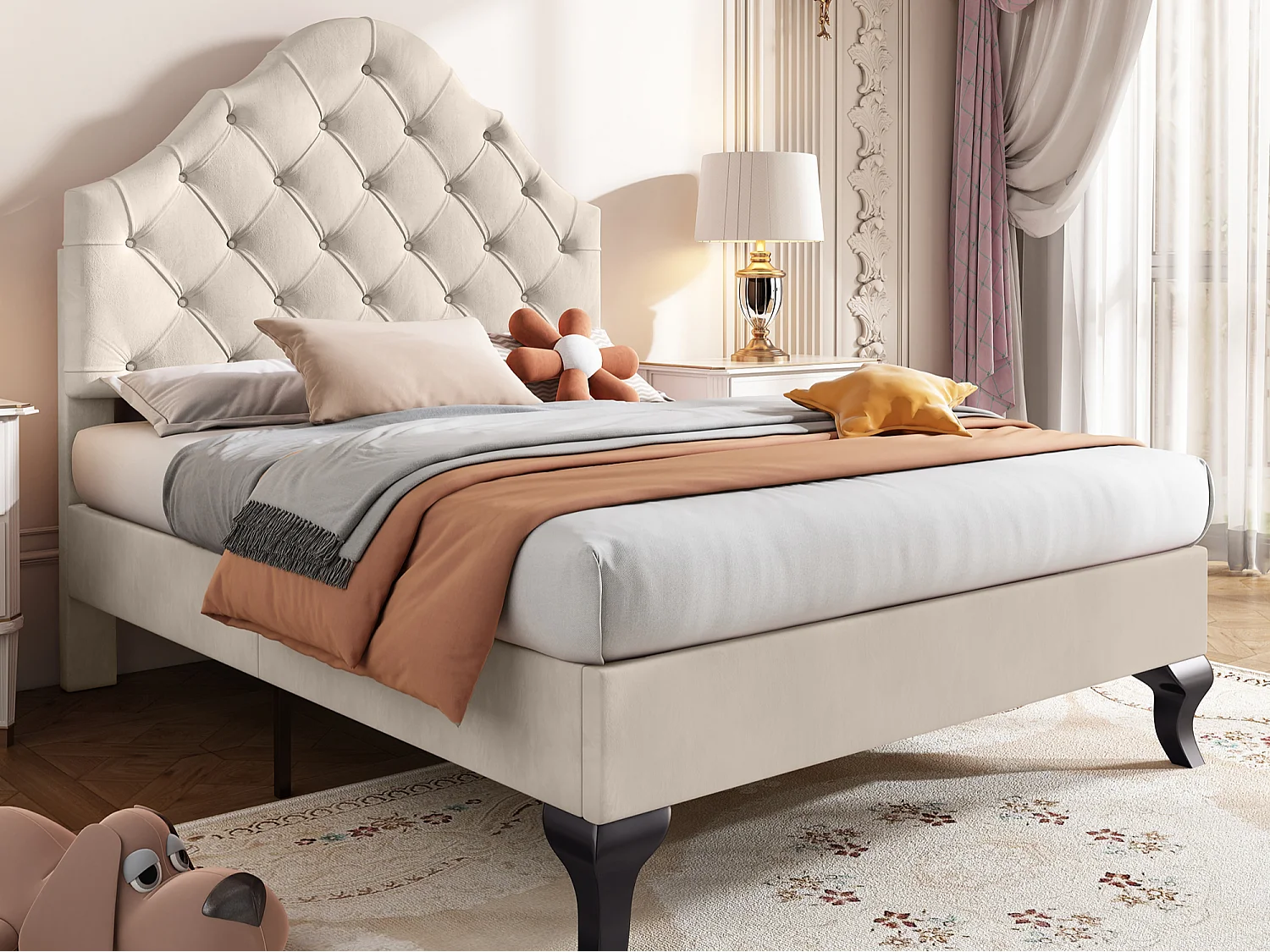 Gestoffeerd bed 90x200cm in fluweel met verstelbaar hoofdeinde + lattenbodem - Beige