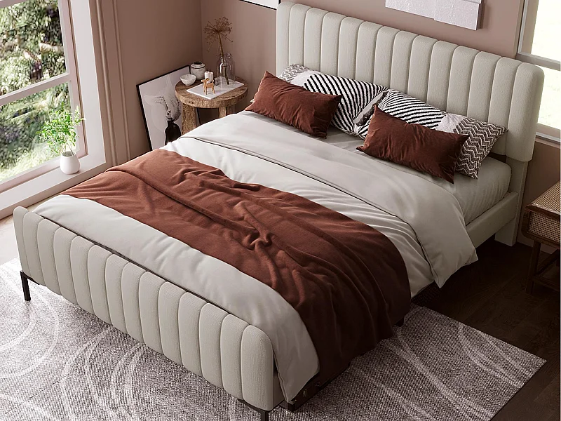 Lit adulte rembourré en tissu lin - 160x200 cm - avec tête de lit réglable et sommier à lattes - Gris clair