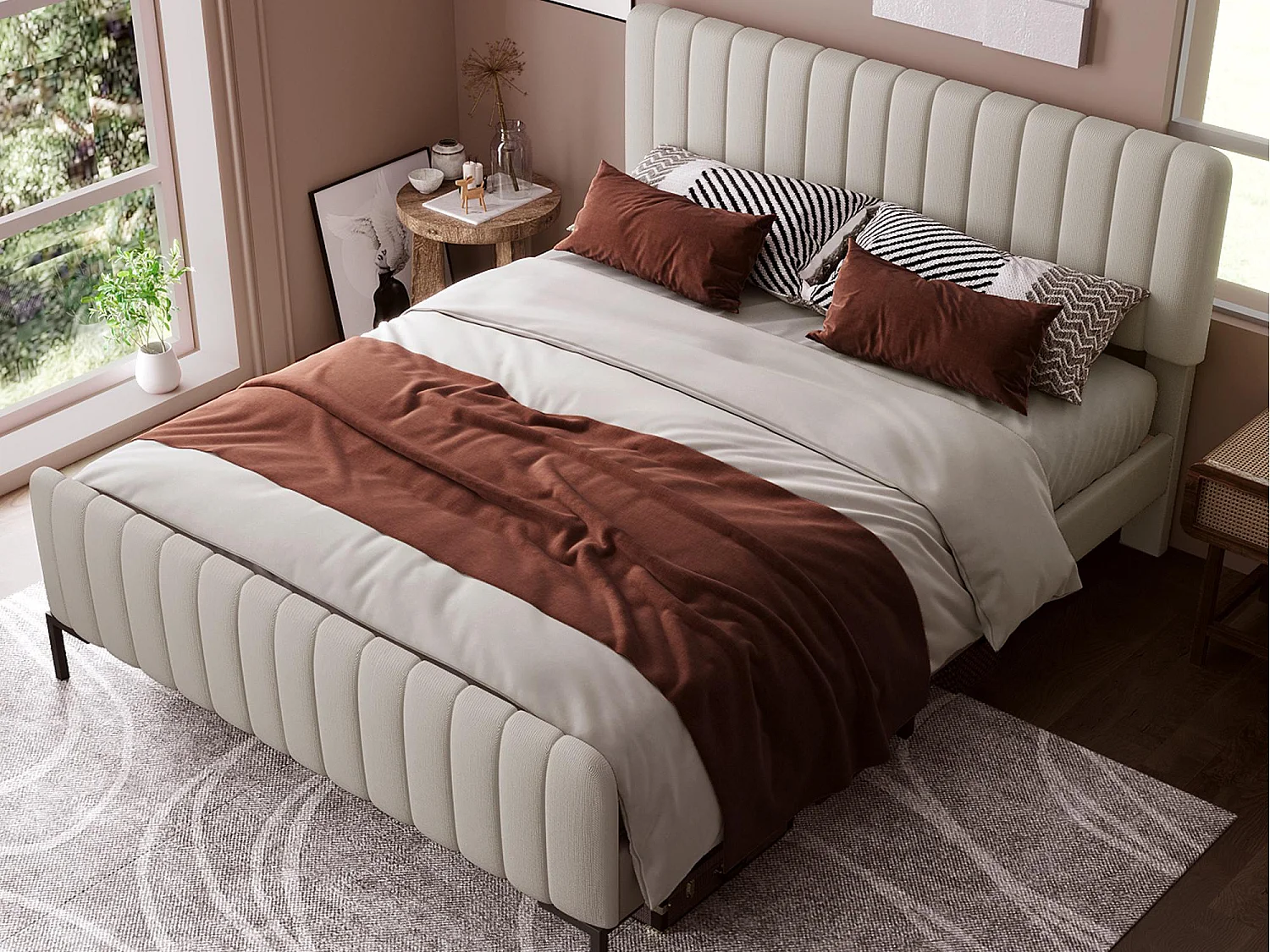 Gepolstertes Erwachsenenbett aus Leinenstoff – 160 x 200 cm – mit verstellbarem Kopfteil und Lattenrost – Hellgrau