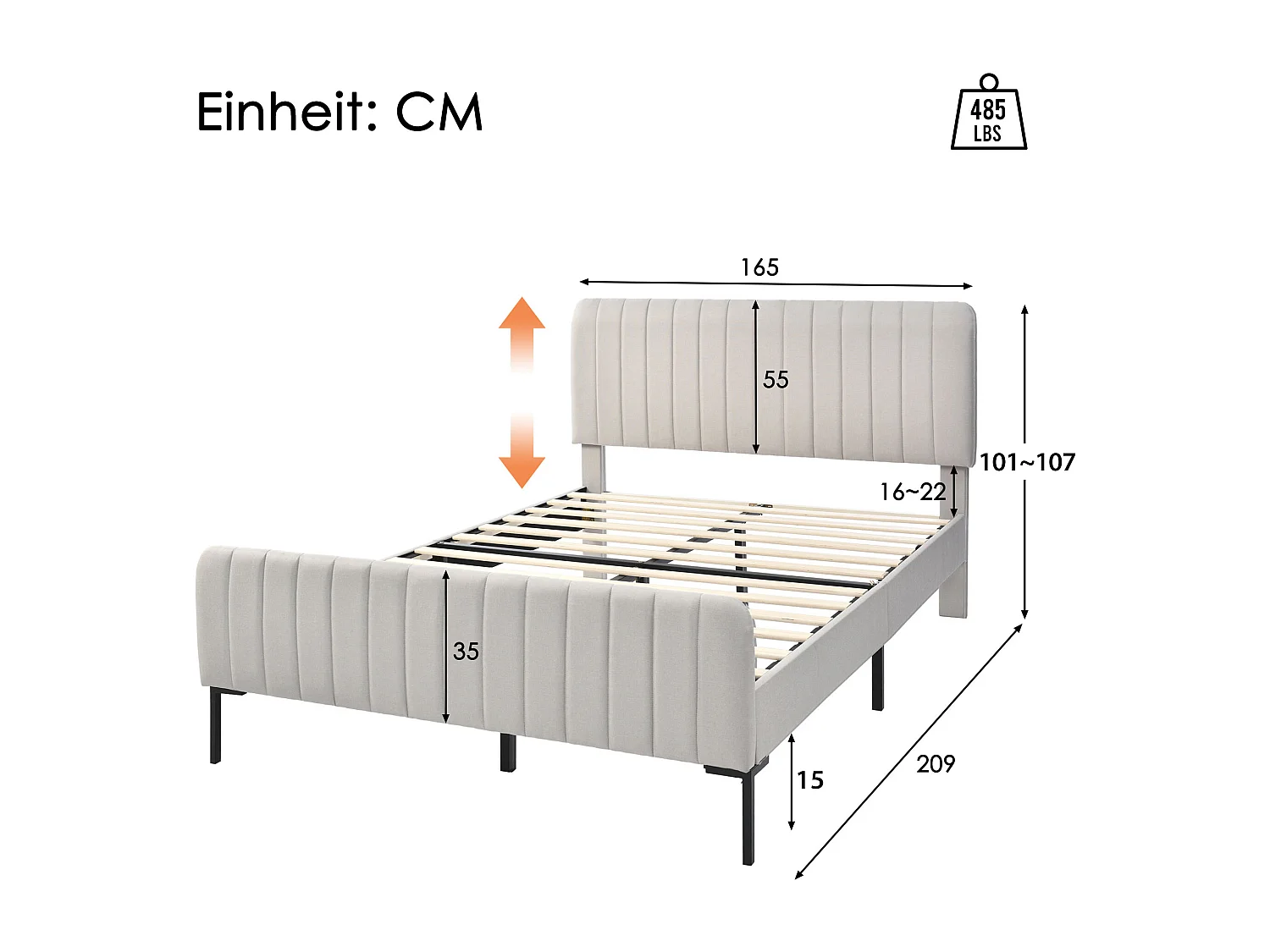 Gepolstertes Erwachsenenbett aus Leinenstoff – 160 x 200 cm – mit verstellbarem Kopfteil und Lattenrost – Hellgrau