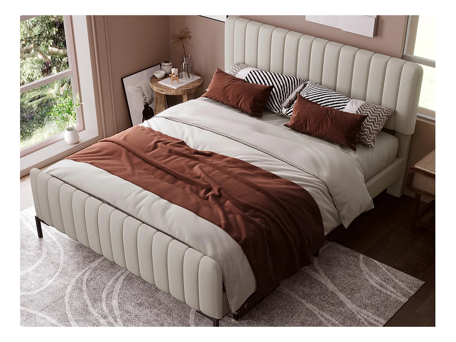 Lit adulte rembourré en tissu lin - 160x200 cm - avec tête de lit réglable et sommier à lattes - Gris clair