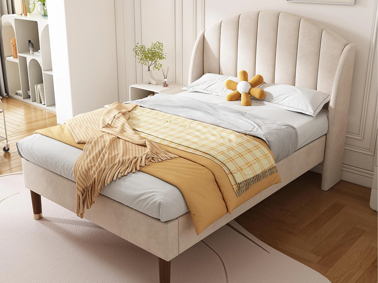 Gestoffeerd bed 90x200cm in fluweel met lattenbodem - Beige