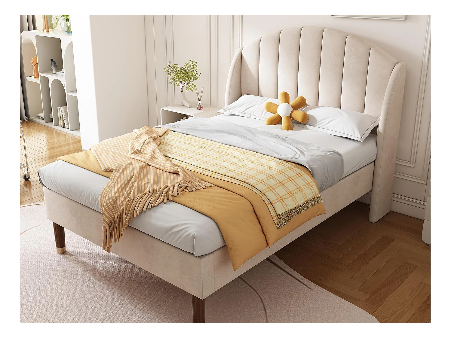 Lit rembourré 90x200cm en velours avec sommier à lattes - Beige