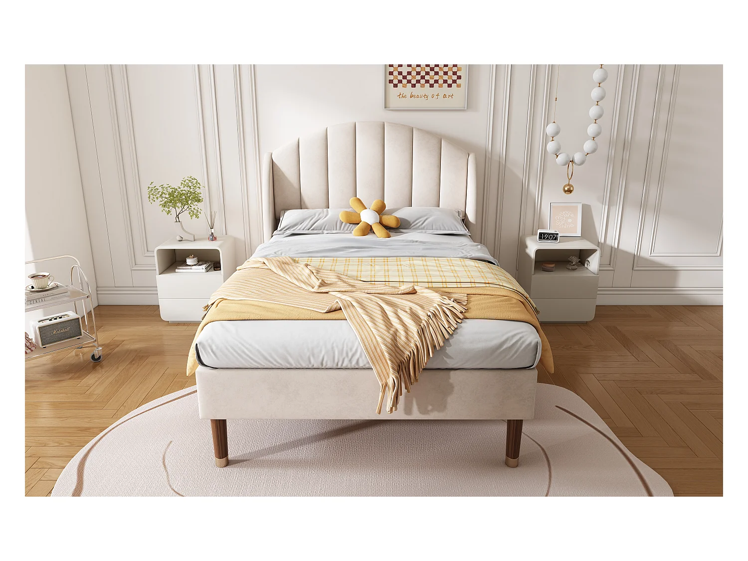 Lit rembourré 90x200cm en velours avec sommier à lattes - Beige