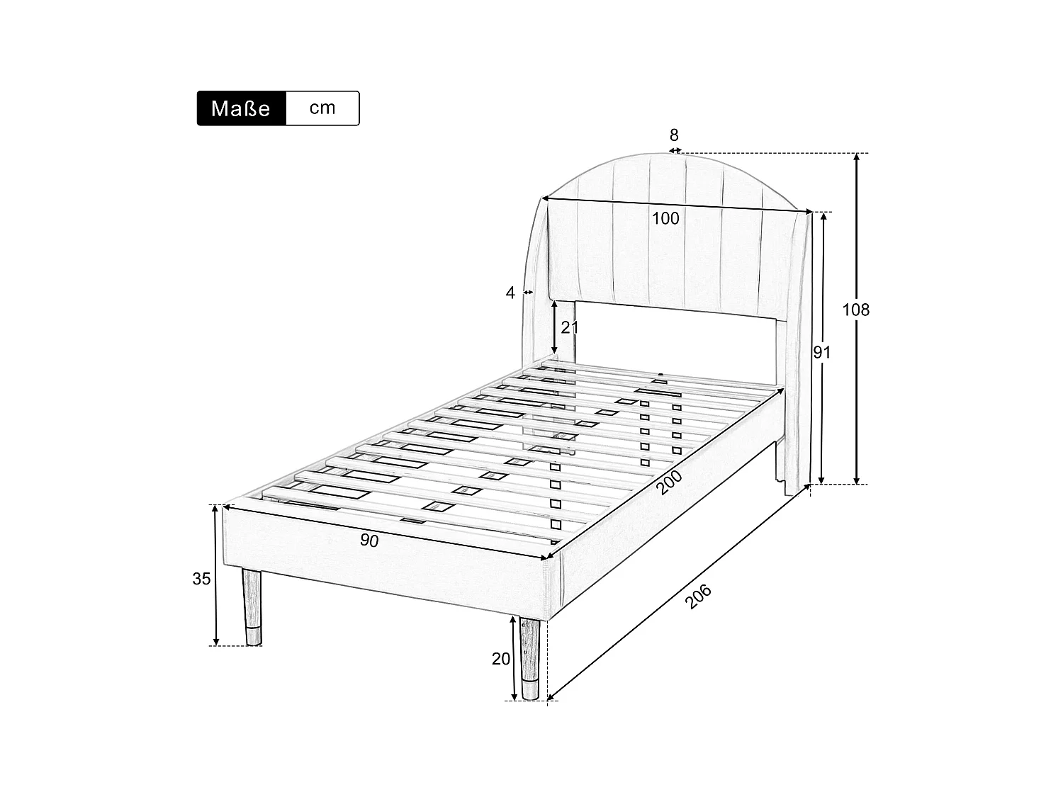 Lit rembourré 90x200cm en velours avec sommier à lattes - Beige