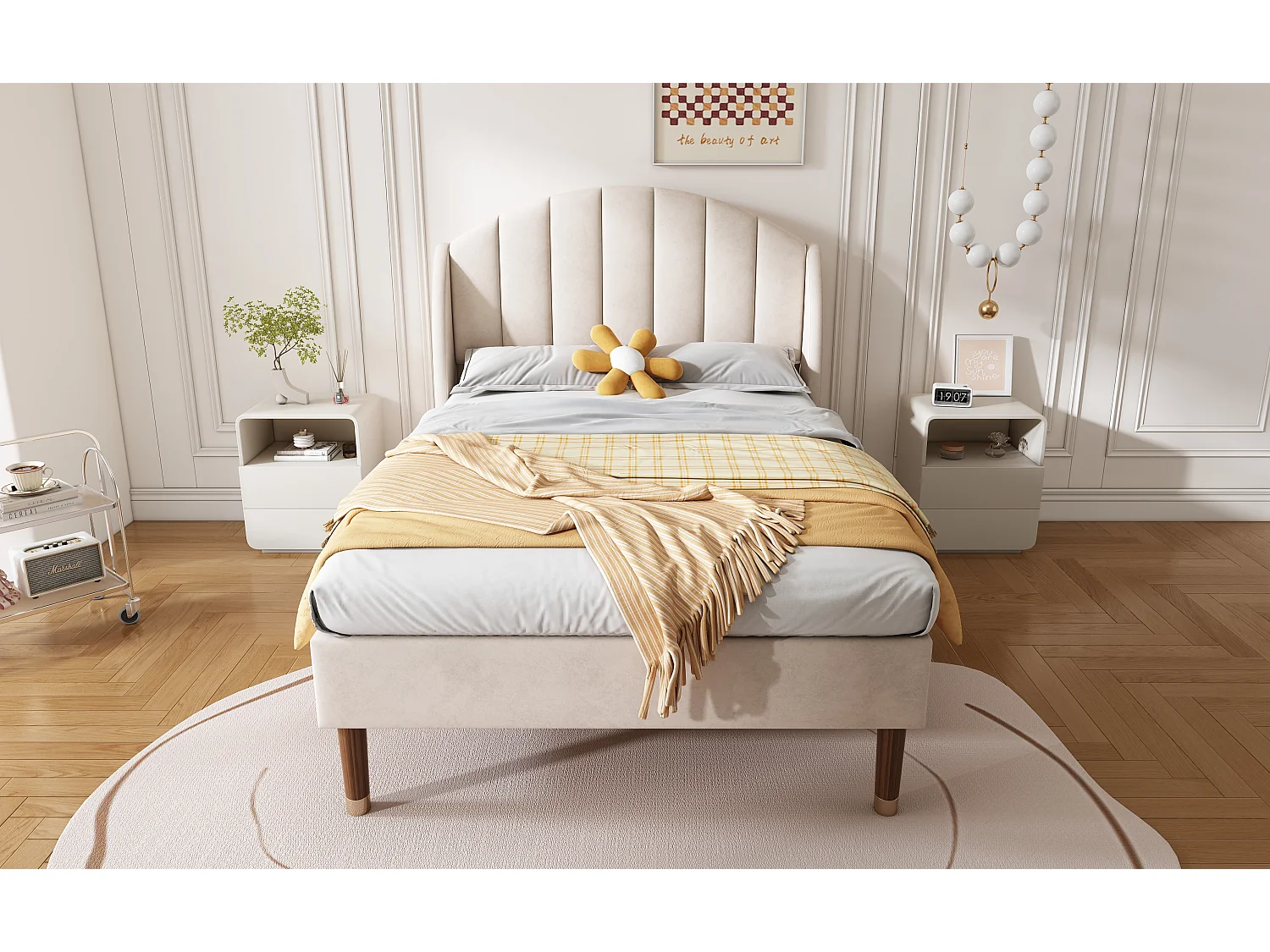 Lit rembourré 90x200cm en velours avec sommier à lattes - Beige