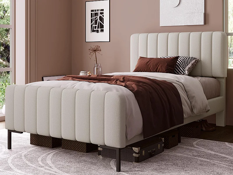 Gepolstertes Erwachsenenbett aus Leinenstoff – 90 x 200 cm – mit verstellbarem Kopfteil und Lattenrost – Hellgrau