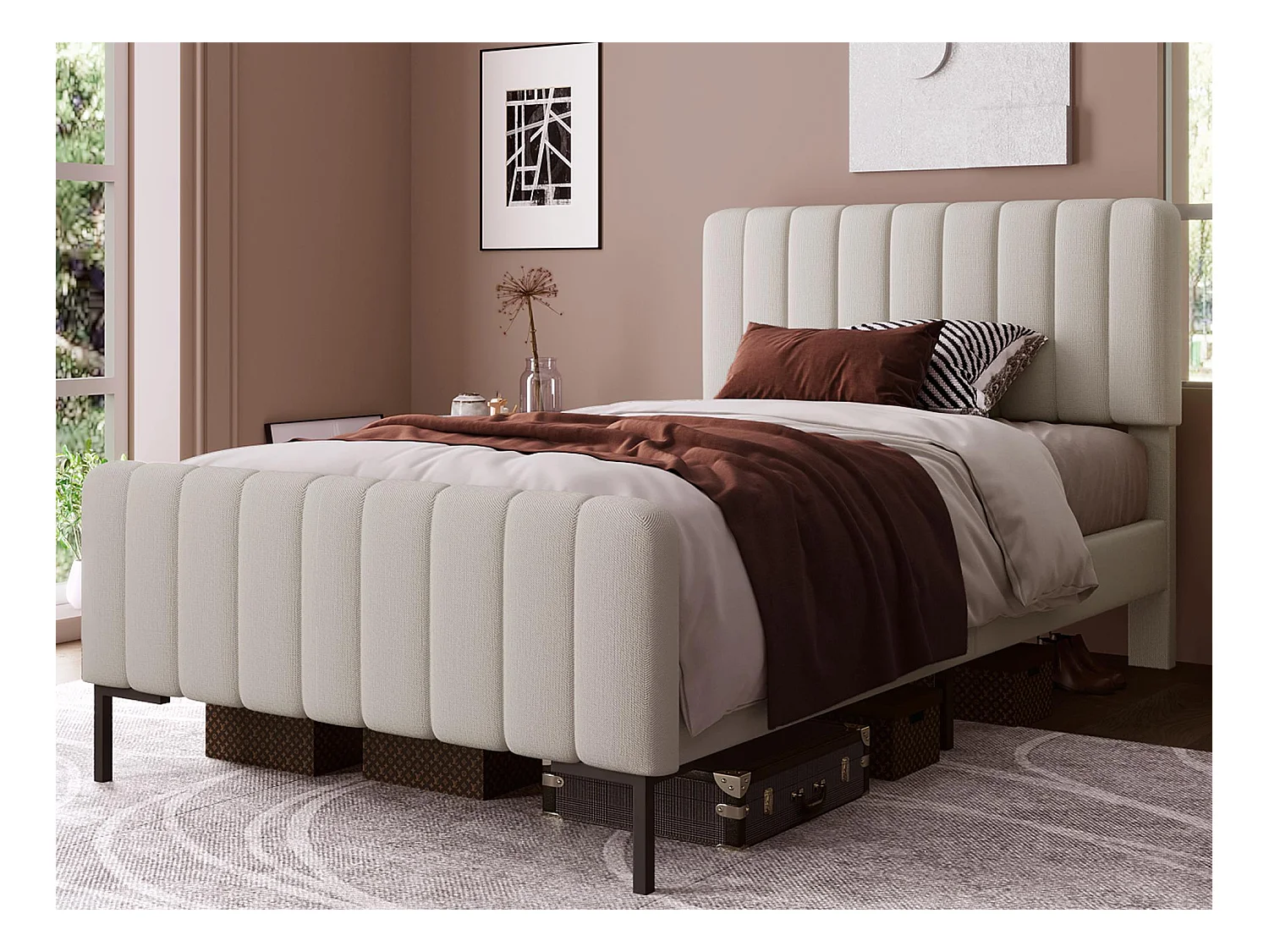 Lit adulte rembourré en tissu lin - 90x200 cm - avec tête de lit réglable et sommier à lattes - Gris clair