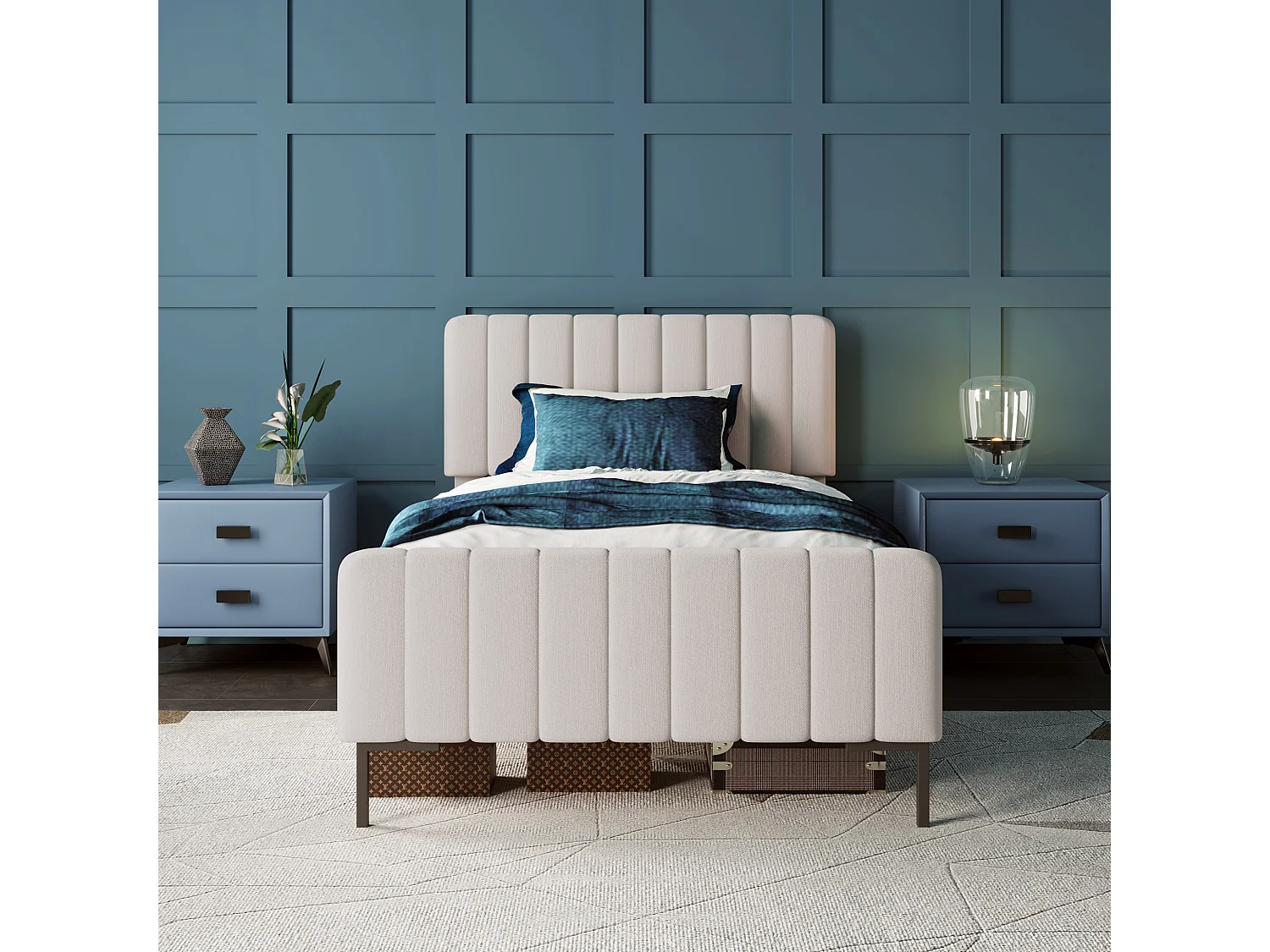 Letto adulto imbottito in tessuto di lino - 90x200 cm - con testiera e rete a doghe regolabili - Grigio chiaro