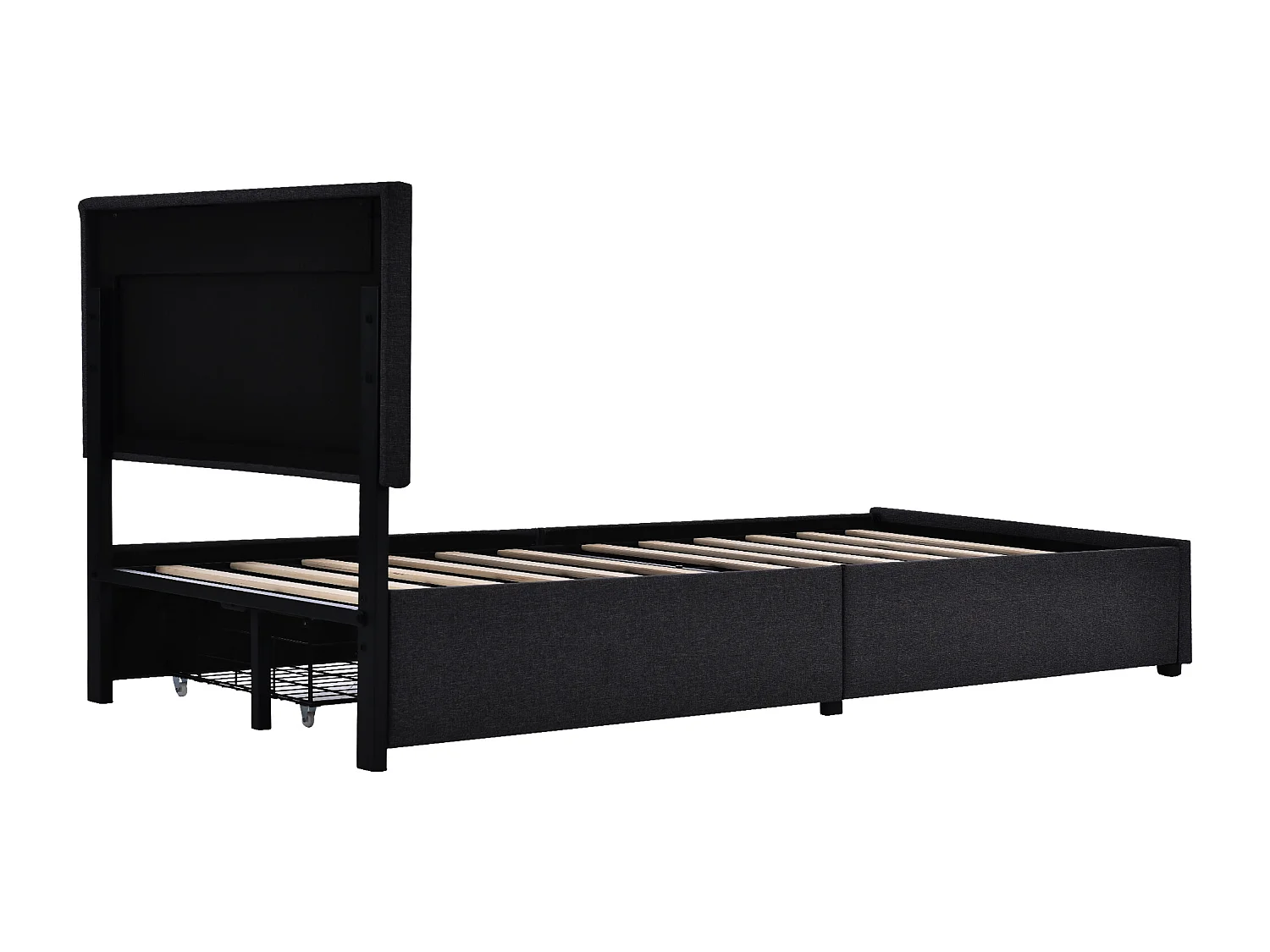 Lit coffre 90x200cm en lin avec LED + 2 tiroirs + sommier à lattes - Noir