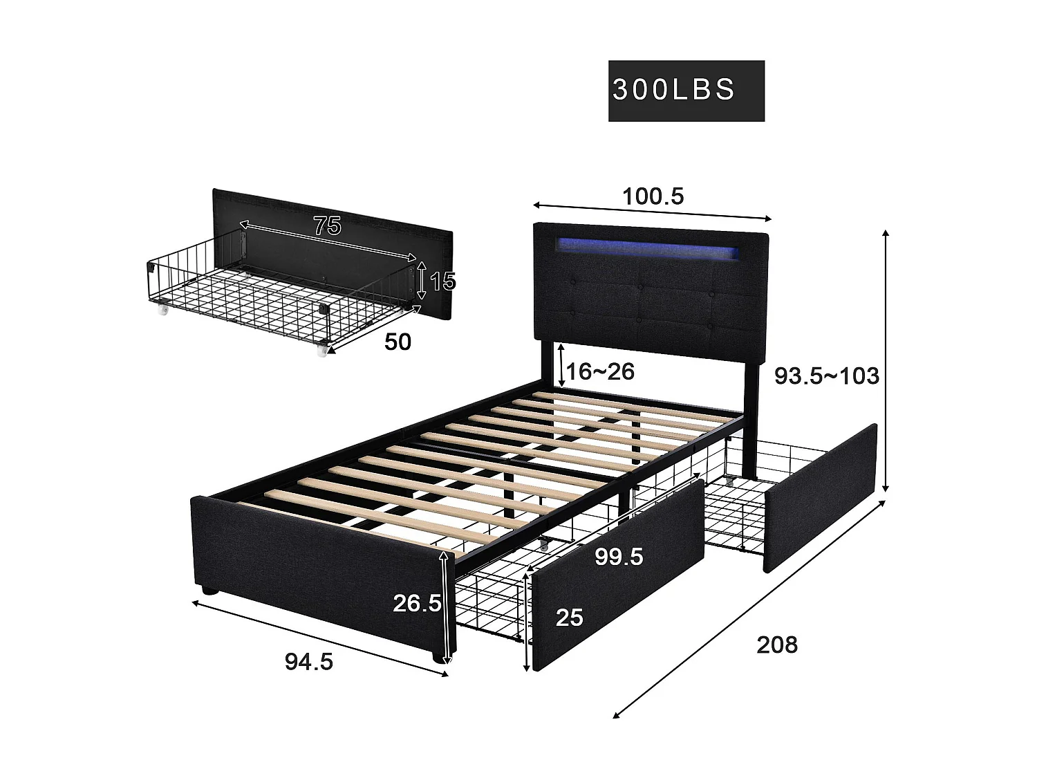 Lit coffre 90x200cm en lin avec LED + 2 tiroirs + sommier à lattes - Noir