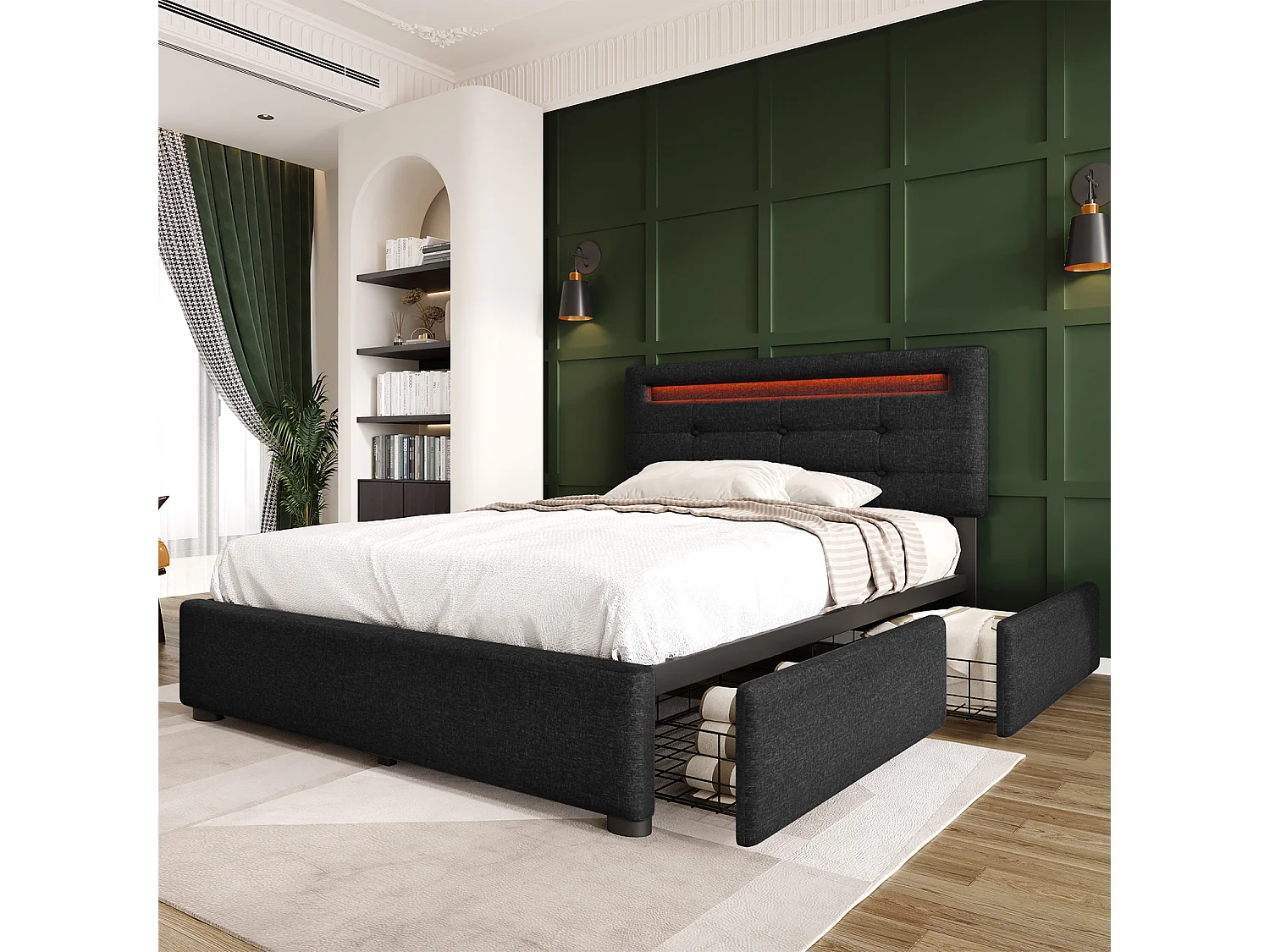 Lit coffre 90x200cm en lin avec LED + 2 tiroirs + sommier à lattes - Noir