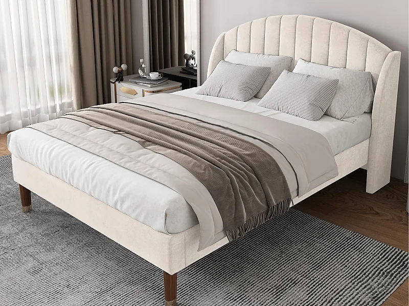 Letto imbottito 140x190cm in velluto con rete a doghe - Beige