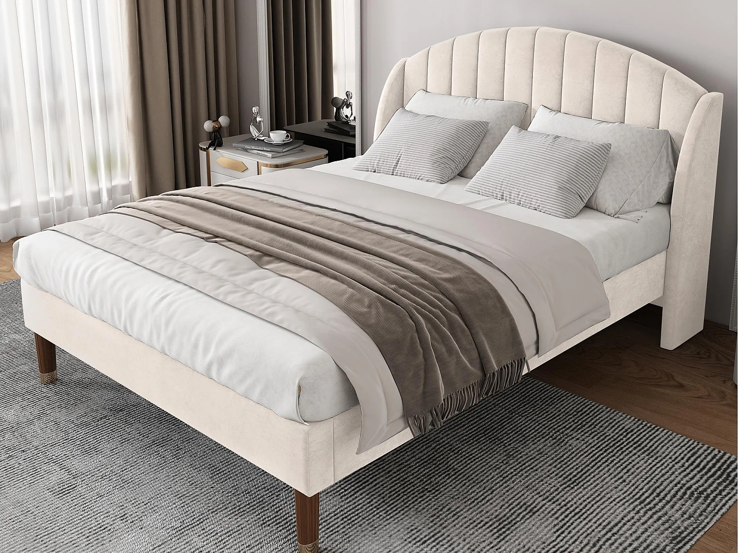 Gestoffeerd bed 140x190cm in fluweel met lattenbodem - Beige