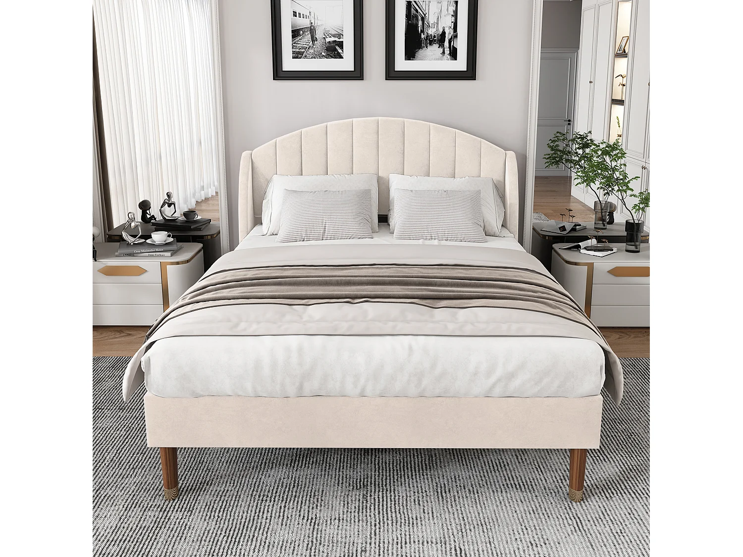 Gestoffeerd bed 140x190cm in fluweel met lattenbodem - Beige