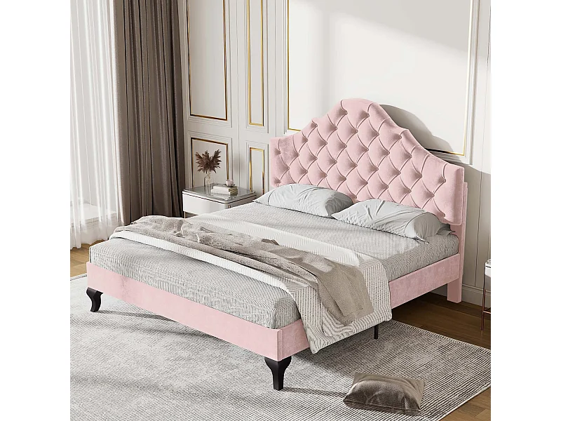 Gestoffeerd bed 140x200cm in fluweel met verstelbaar hoofdeinde + lattenbodem - Roze