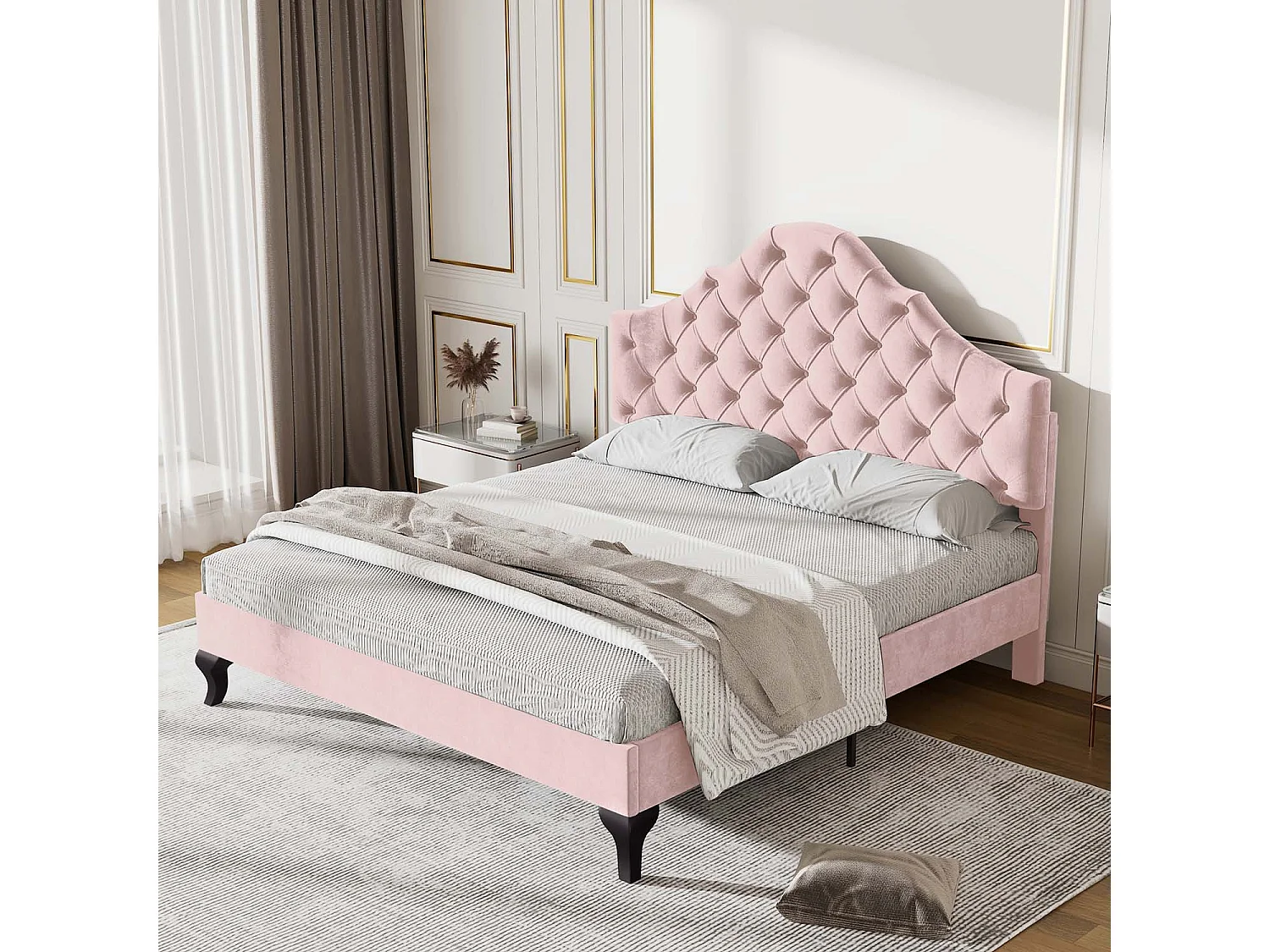 Gestoffeerd bed 140x200cm in fluweel met verstelbaar hoofdeinde + lattenbodem - Roze