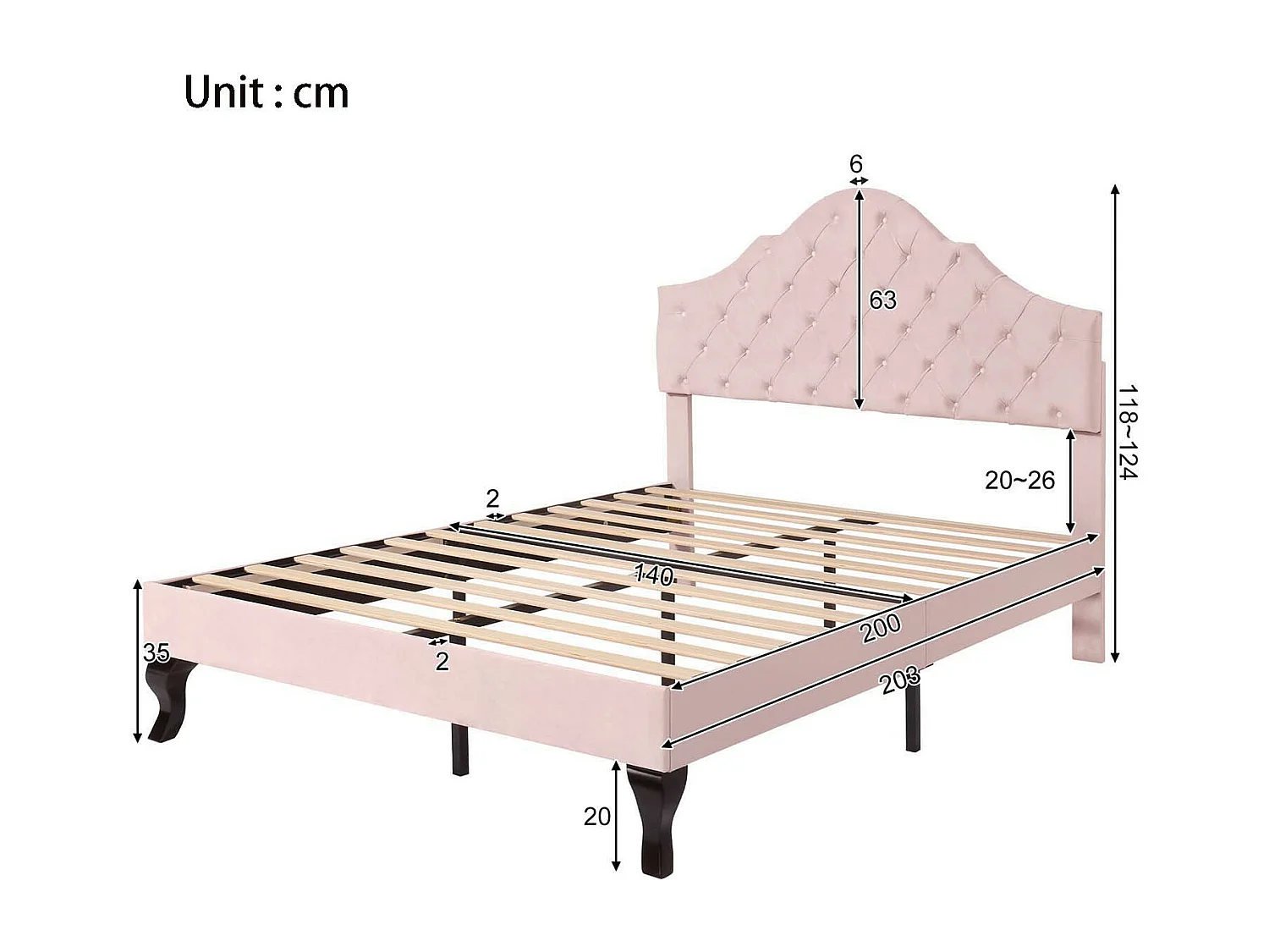 Polsterbett 140 x 200 cm aus Samt mit verstellbarem Kopfteil + Lattenrost – Rosa