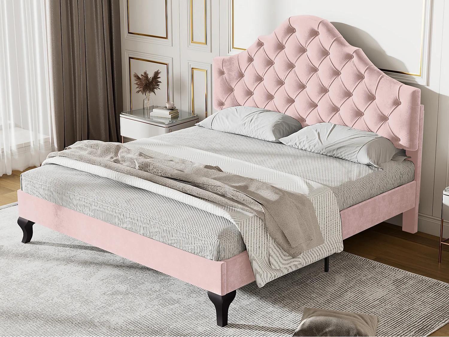 Cama tapizada 140x200cm en terciopelo con cabecero ajustable + somier - Rosa