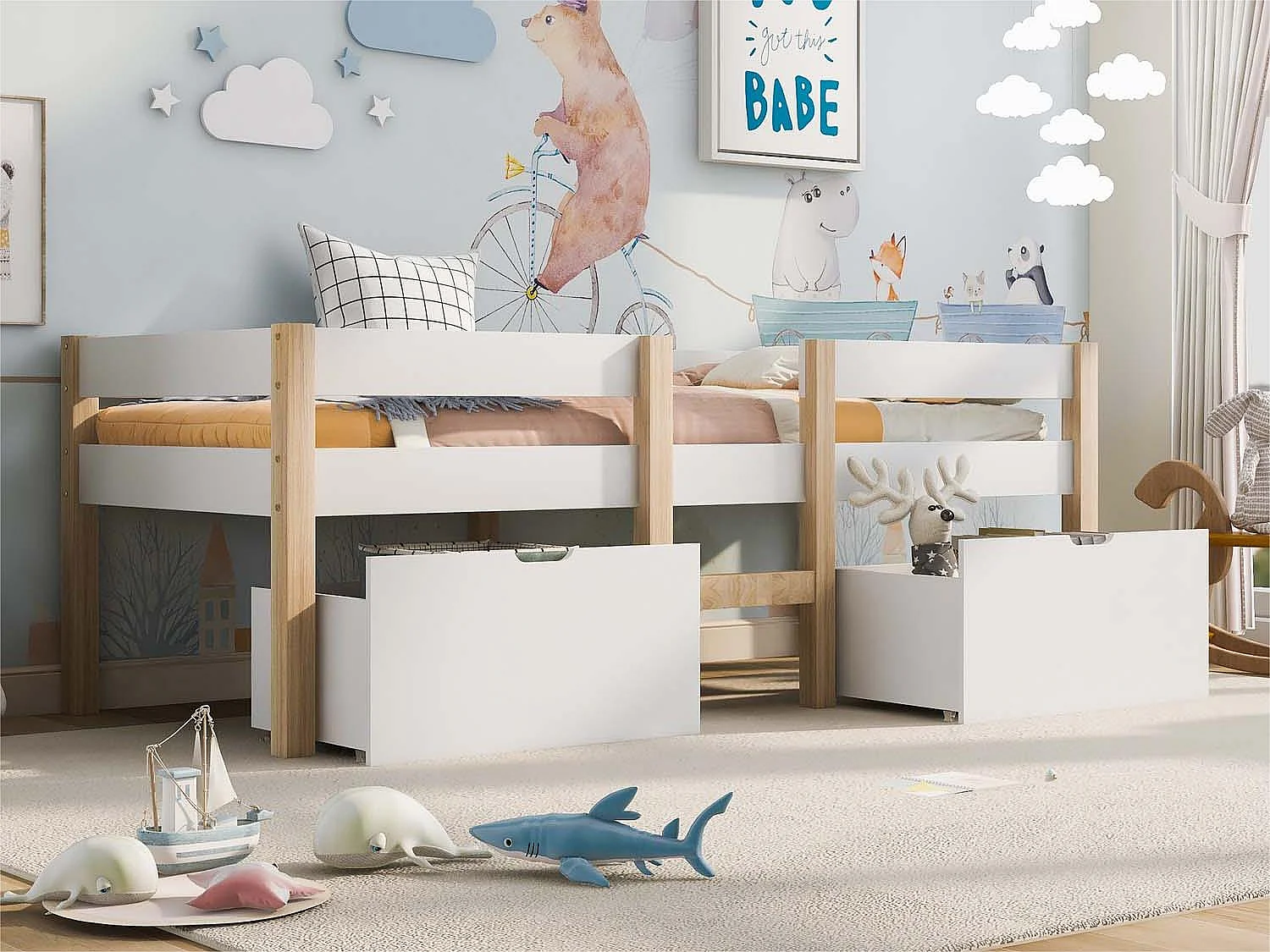 Letto a soppalco in pino massiccio con cassetti - 90x200 cm - Bianco