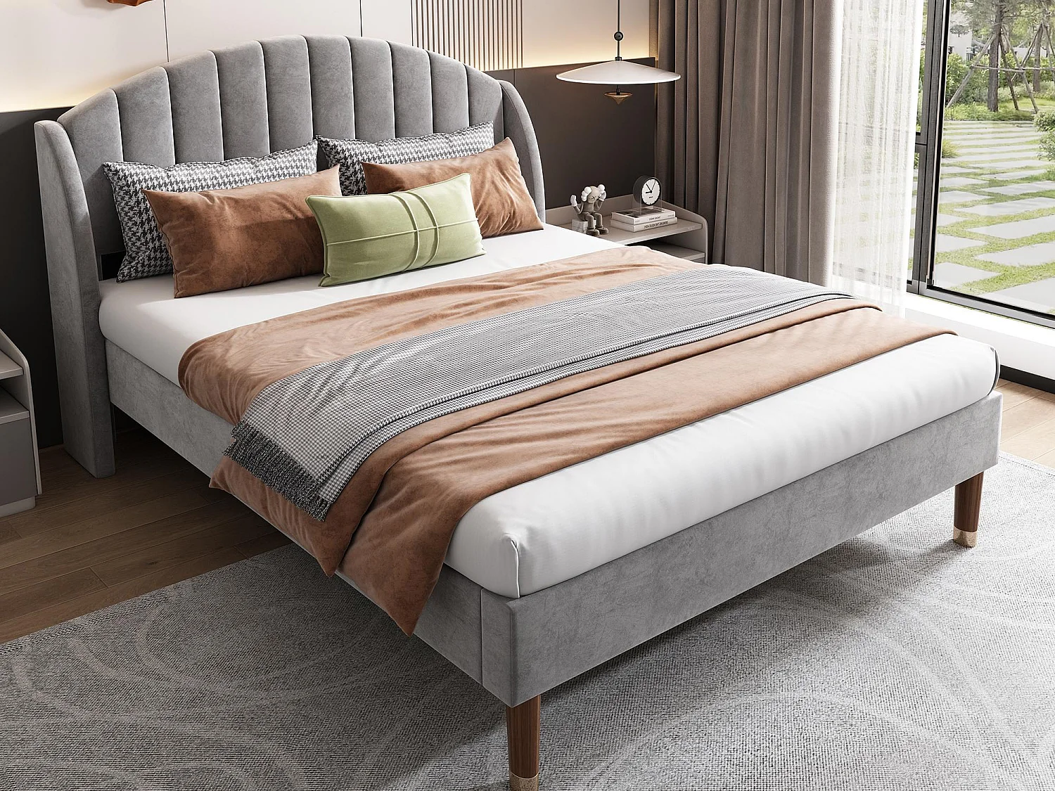 Polsterbett, Einzelbett Massivholzbett Kiefer 160x200cm Samt – Grau