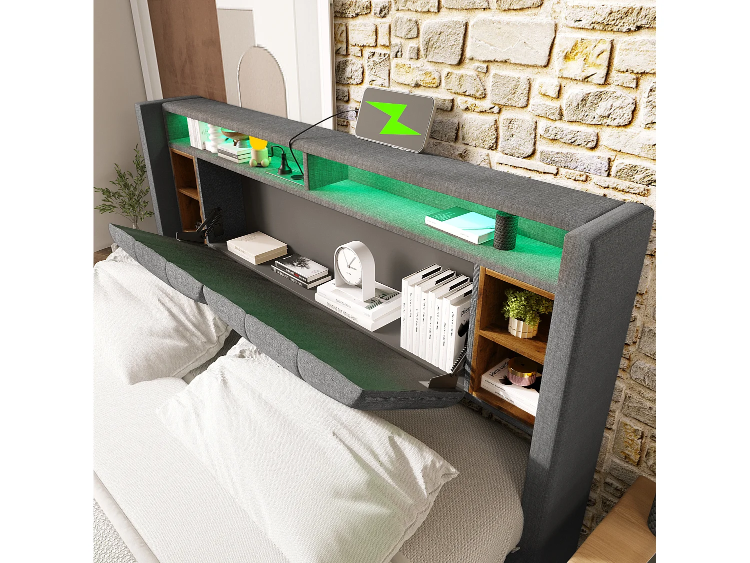 Lit double rembourré 140x200cm en lin avec LED et Port de charge USB - sommier à lattes - Gris