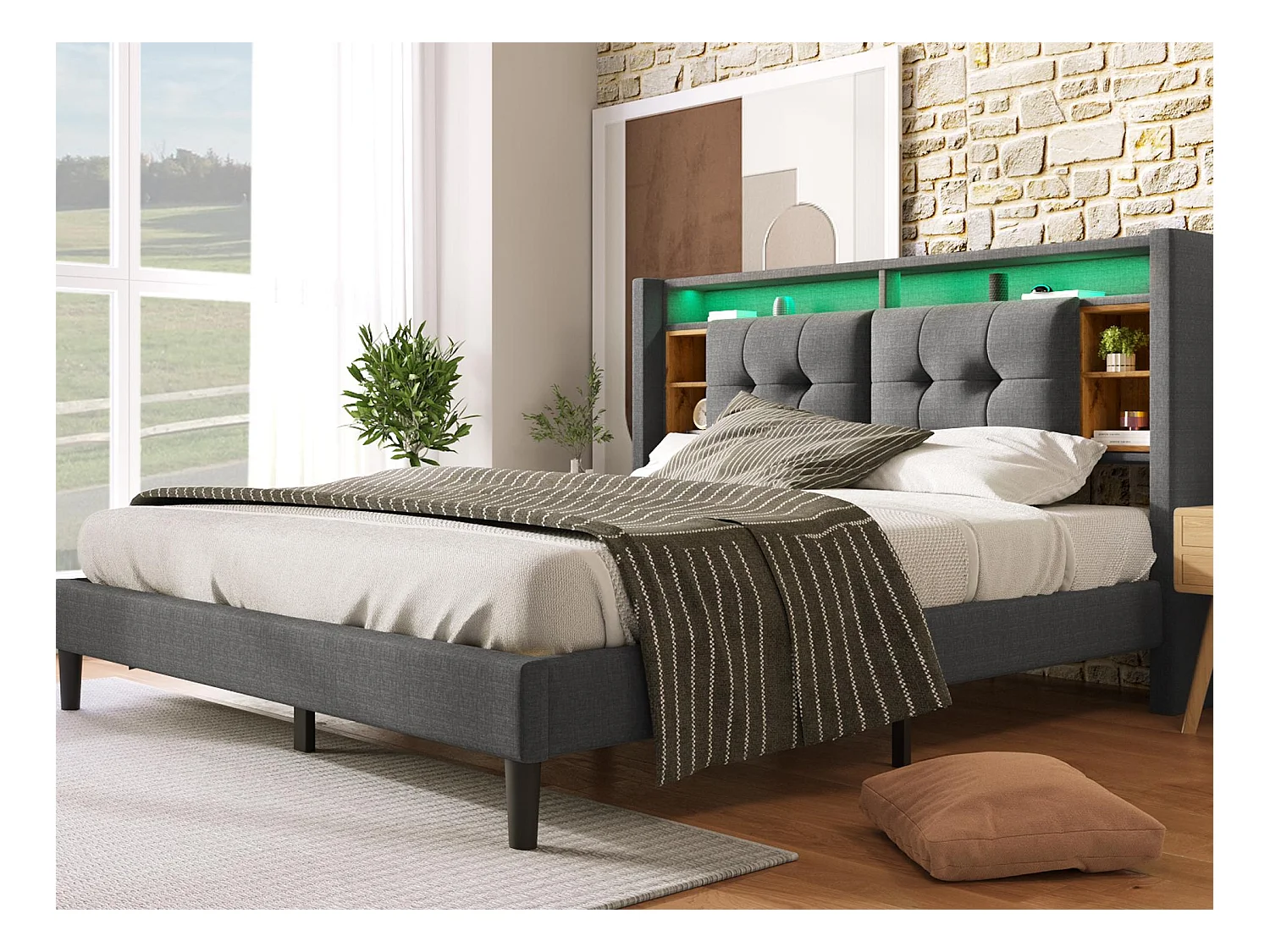 Gestoffeerd tweepersoonsbed 140x200cm in linnen met LED en USB-oplaadpoort - lattenbodem - Grijs
