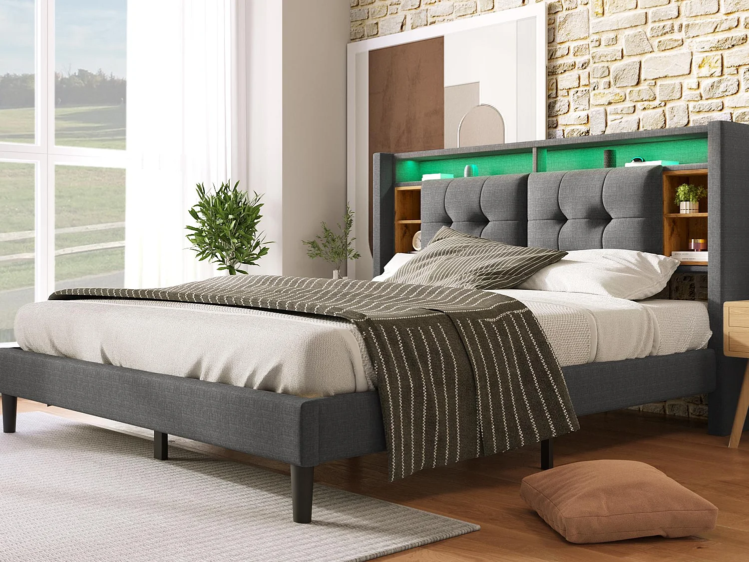 Letto matrimoniale imbottito 140x200cm in lino con led e porta di ricarica USB - rete a doghe - Grigio