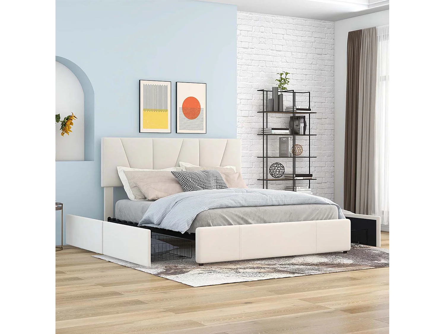 Gewatteerd volwassenenbed 140x200cm in fluweel - met 4 lades en verstelbaar hoofdeinde - Beige