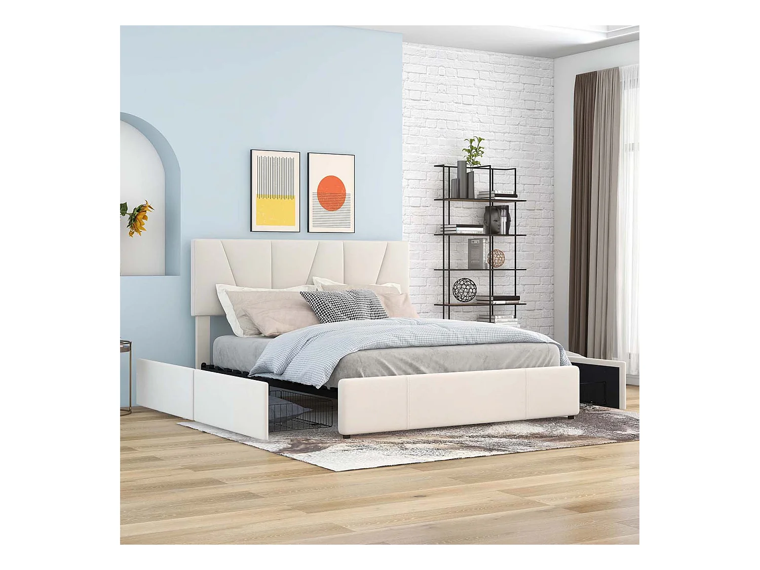 Lit cappitonné 140x200cm tissu en velours avec 4 tiroirs et tête de lit réglable - Beige